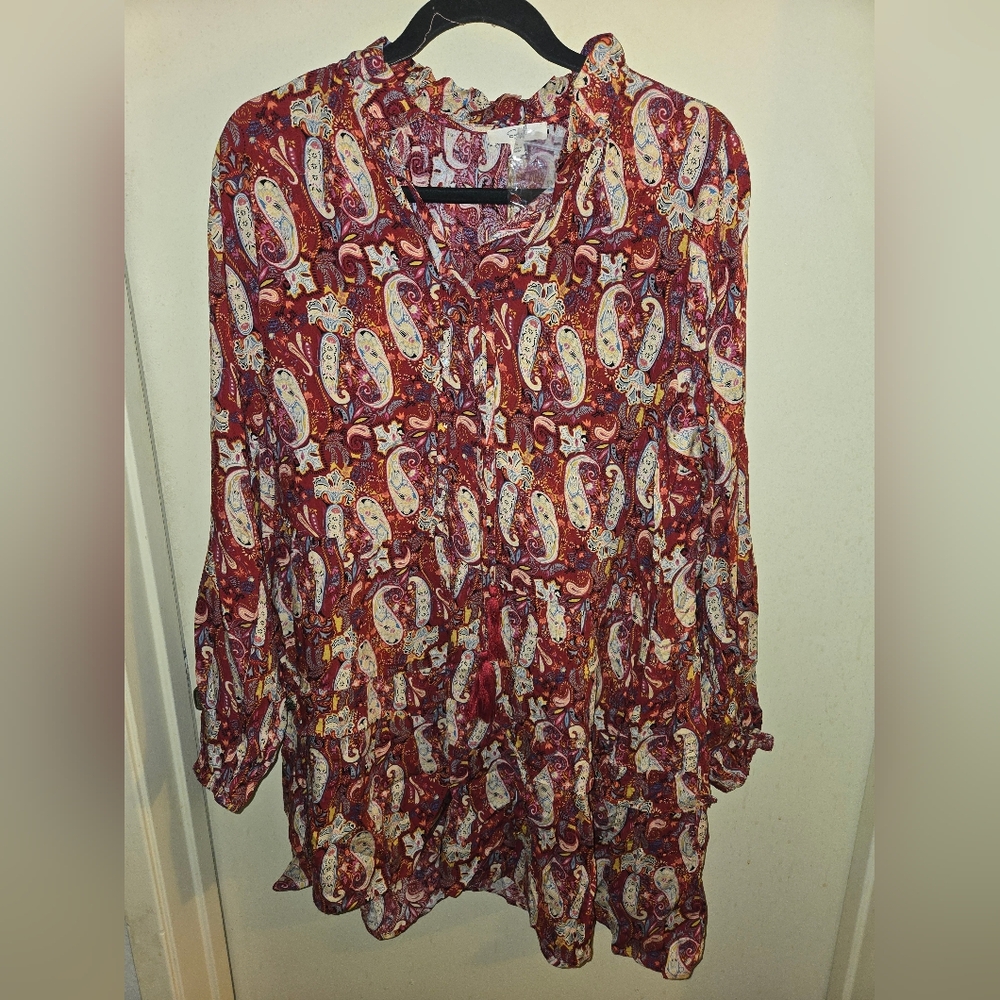Boho Paisley Peasant Dress – Burgundy Multicolor – Long Sleeve – NWT